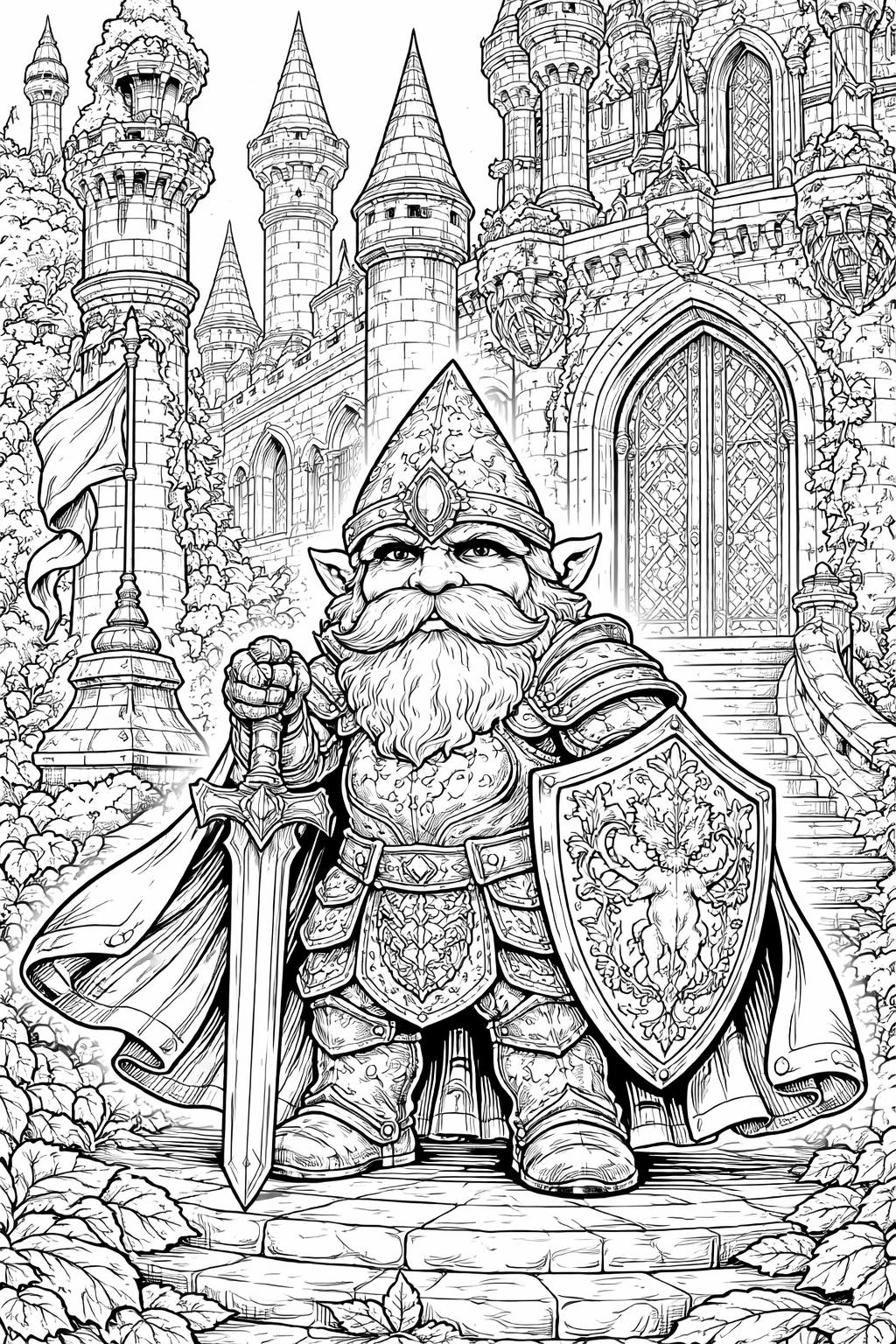 gnome village coloring page | tiny fantasy houses and pathways | magical printable scene