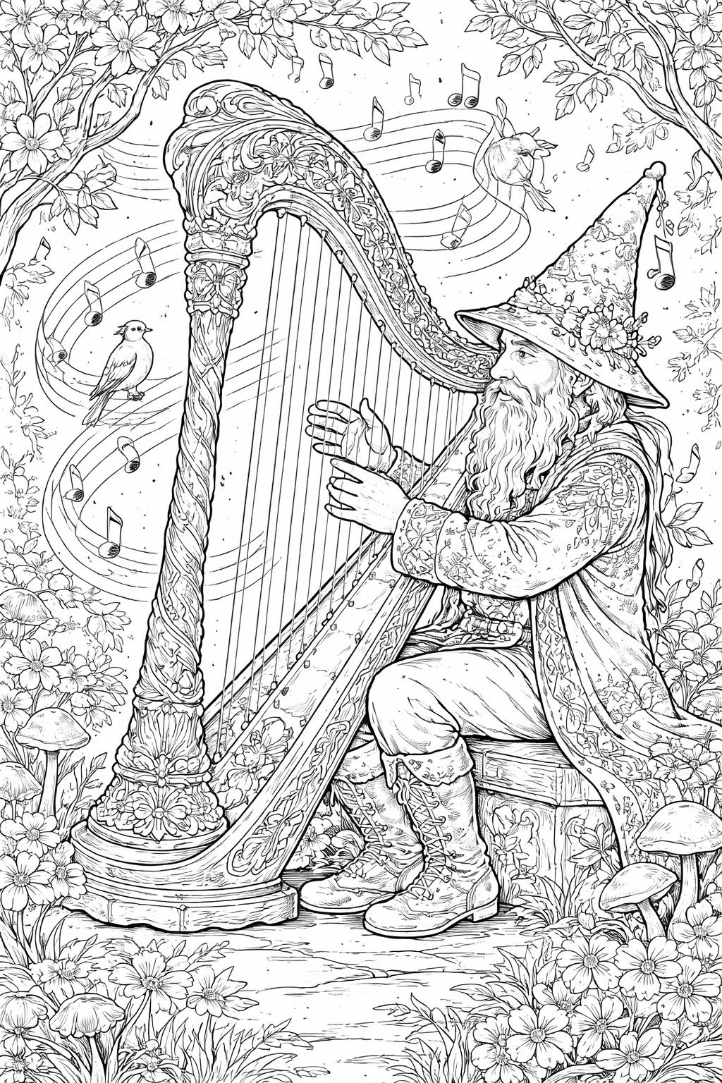 gnome fishing by a pond coloring page | peaceful nature setting | fantasy coloring sheet