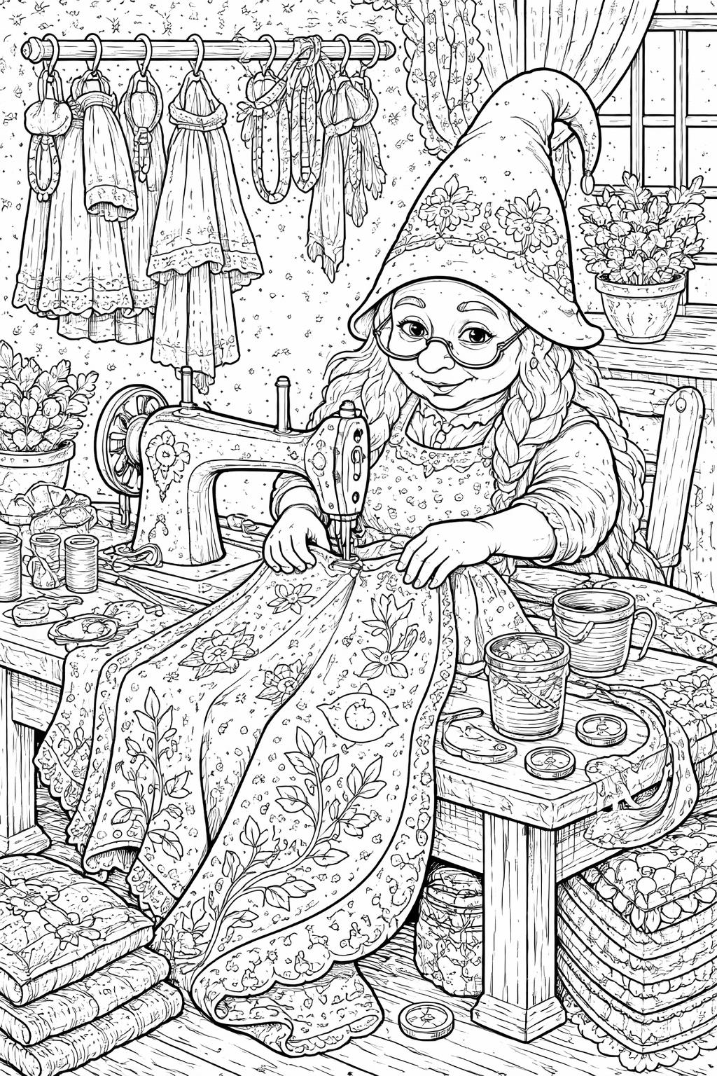 gnome with a magic wand coloring page | enchanting fantasy character | creative kids coloring sheet