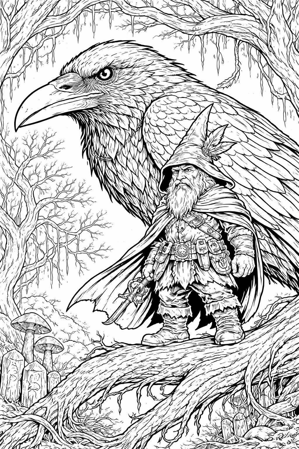 gnome beside a fairy house coloring page | magical garden details | whimsical printable artwork