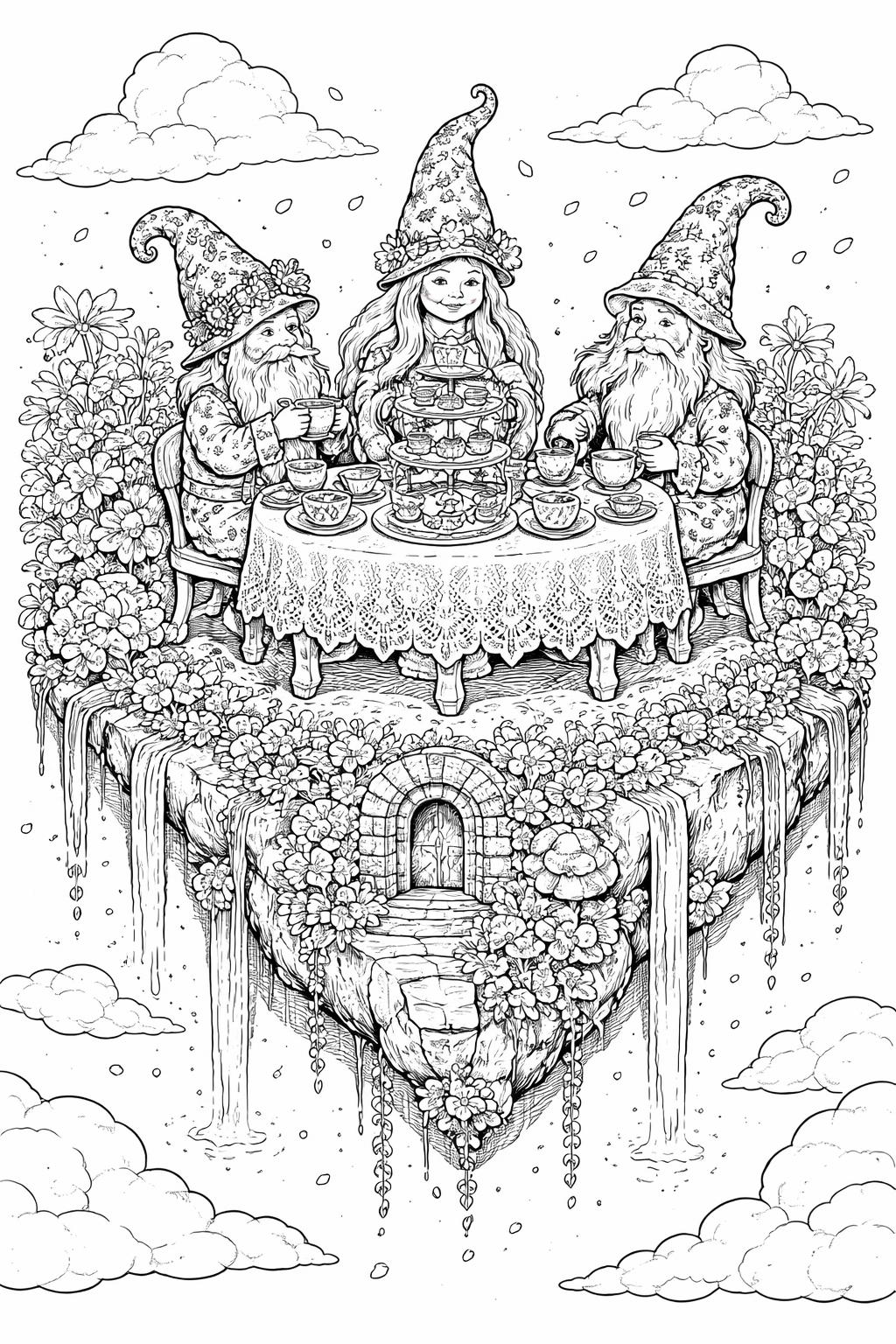 gnome family coloring page | charming group of fantasy characters | fun coloring collection