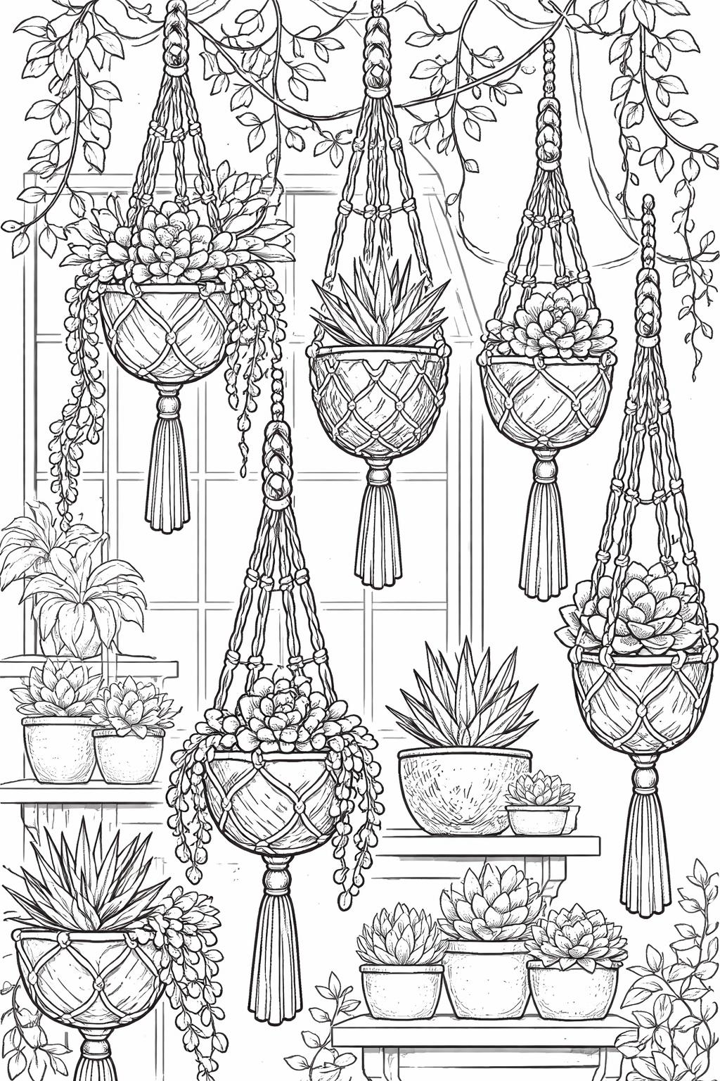 succulent and stones coloring page | miniature zen garden arrangement | relaxing adult coloring activity