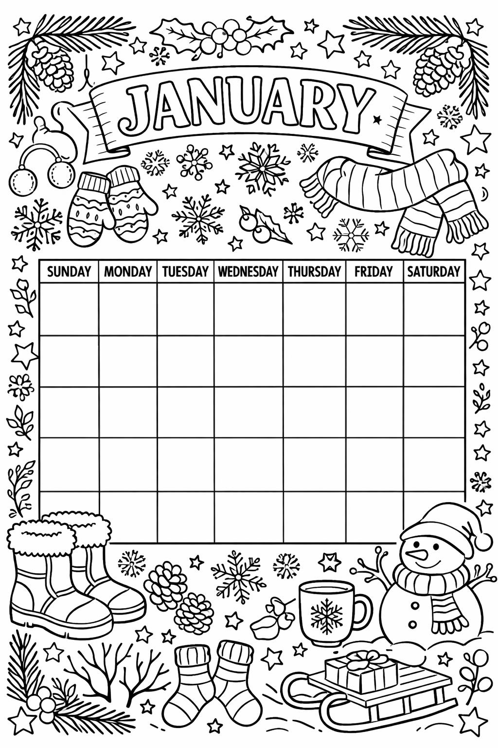 January winter forest coloring page | snowy woodland scene | relaxing coloring activity
