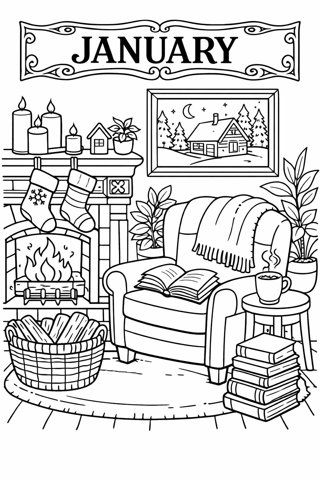 January cozy cabin coloring page | winter house illustration | seasonal coloring sheet