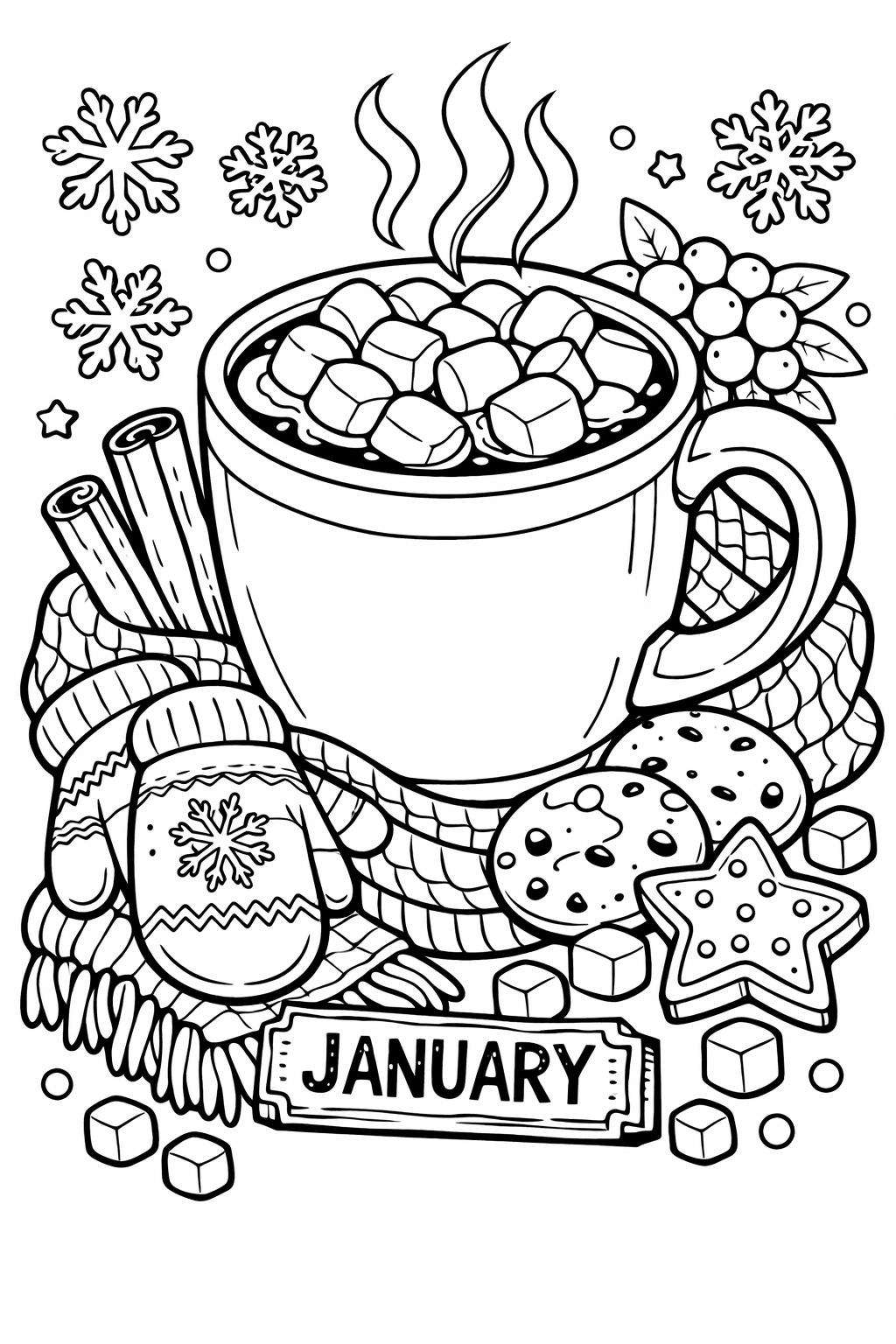 January coloring page for adults | detailed winter artwork | relaxing printable activity