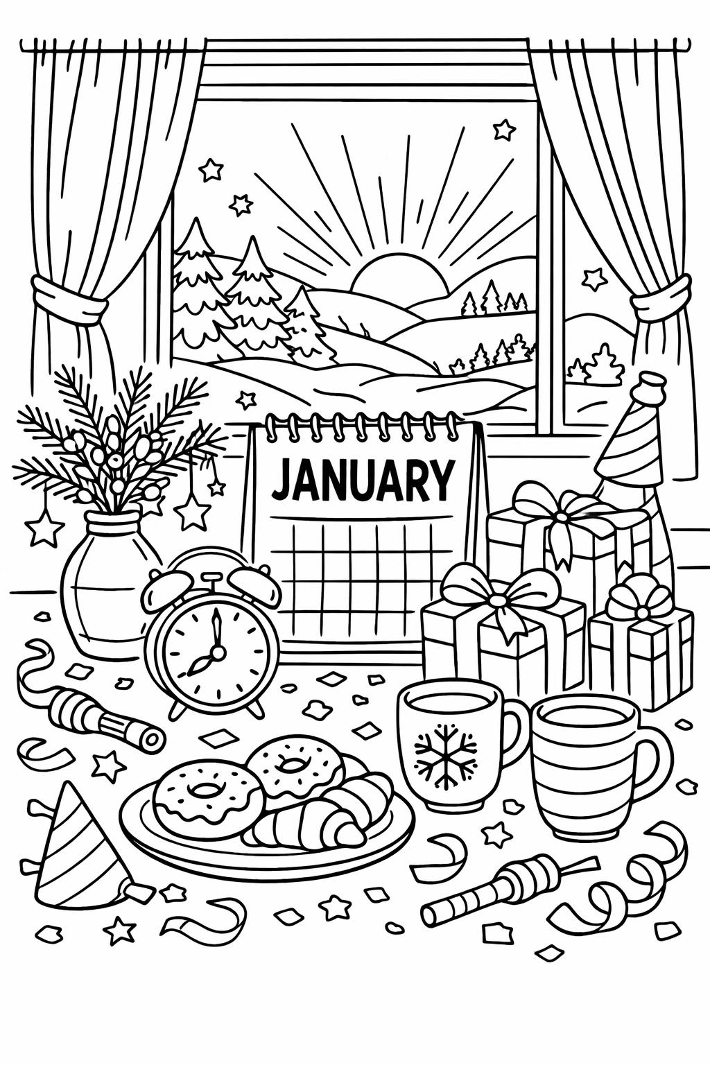 January themed coloring page | New Year printable | kids winter coloring activity
