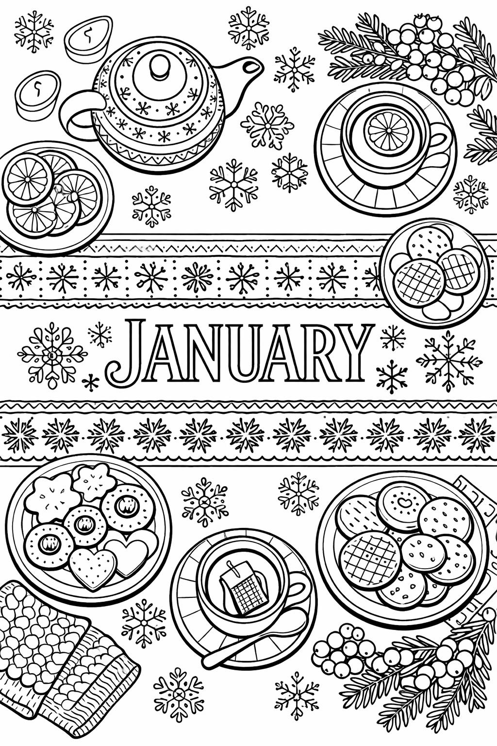 January skiing coloring page | winter sports scene | seasonal coloring sheet