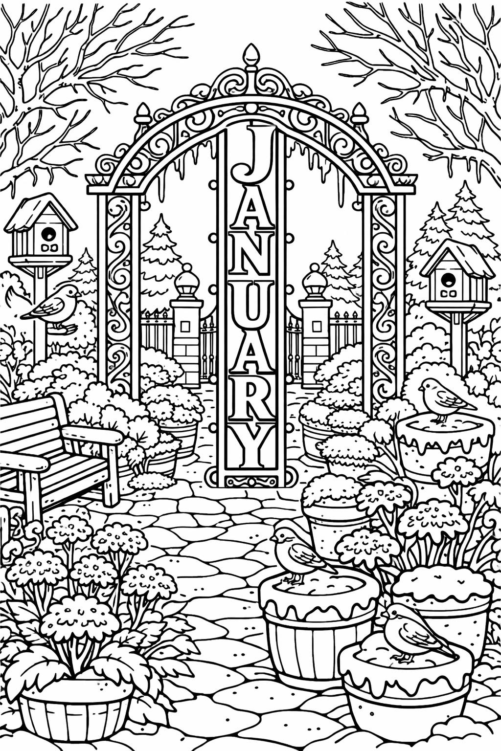 January fireplace coloring page | cozy winter scene | printable seasonal artwork