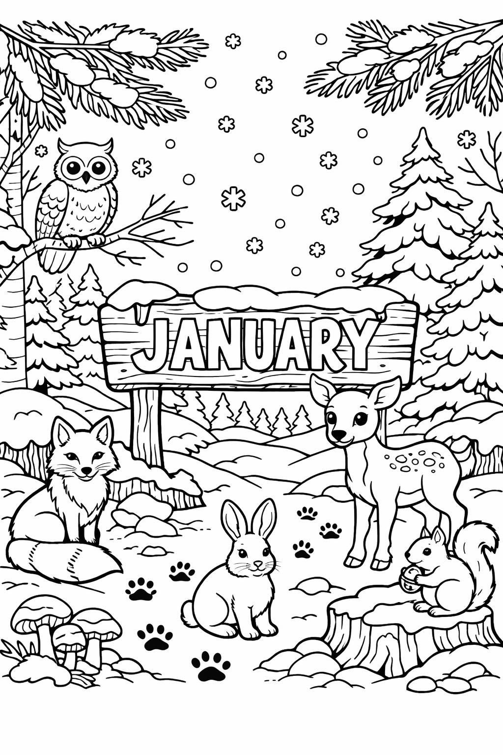 January doodle coloring page | fun seasonal illustrations | creative printable sheet
