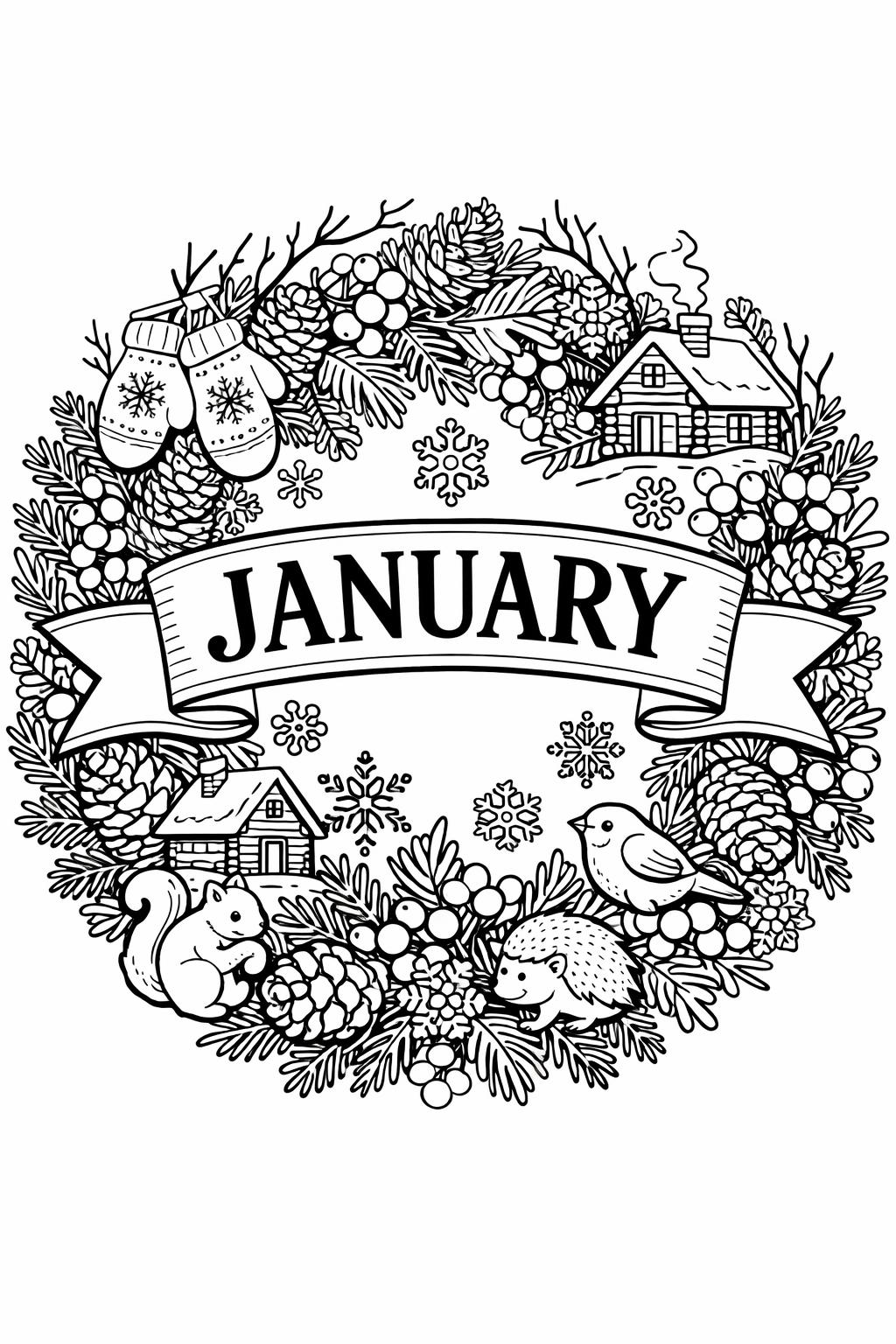 January winter coloring page | snowy seasonal artwork | free printable coloring sheet