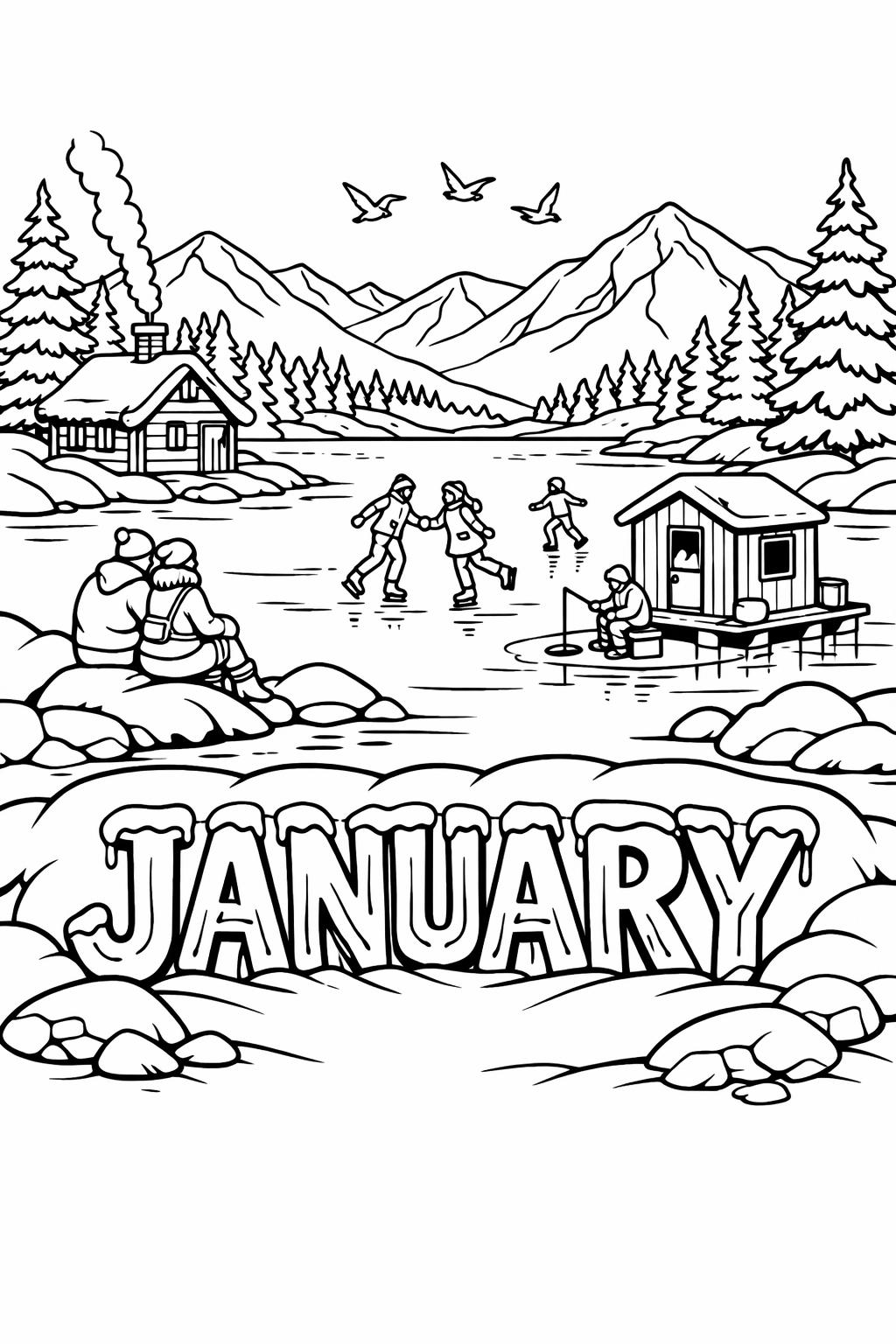 January ice skating coloring page | winter sports activity | printable kids coloring sheet