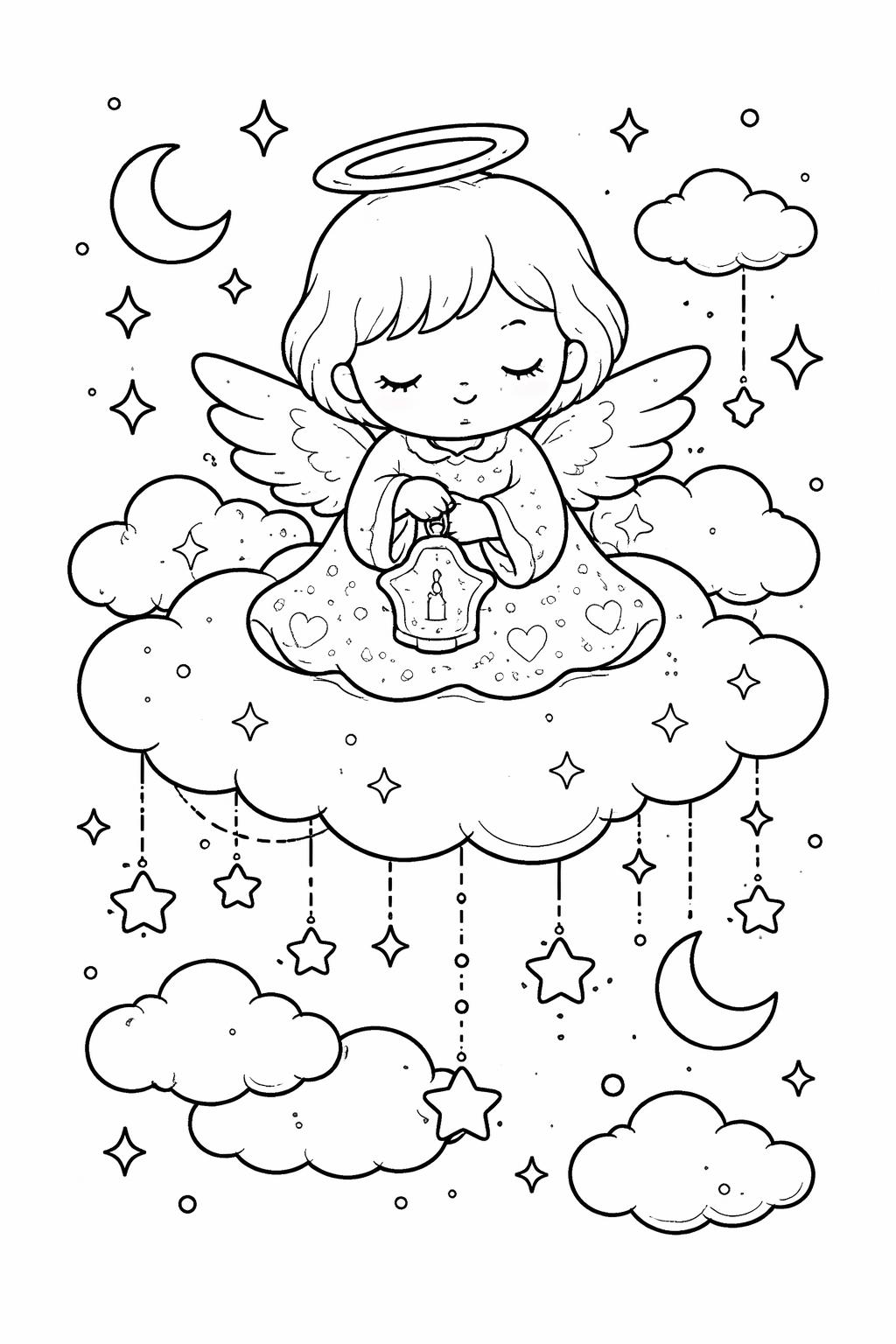 Cute angel with a halo sitting on a fluffy cloud, holding a lantern, surrounded by stars, moons, and hanging star charms.