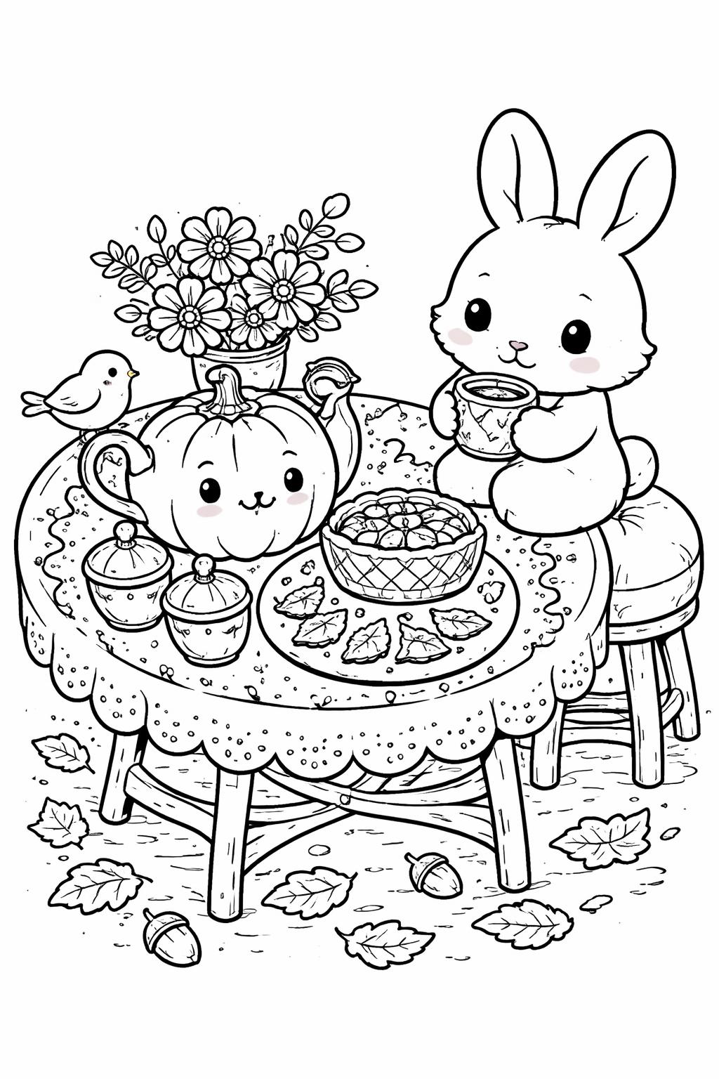 Cute bunny and a pumpkin teapot share tea on a lace-covered table with flowers and a bowl of cookies.
