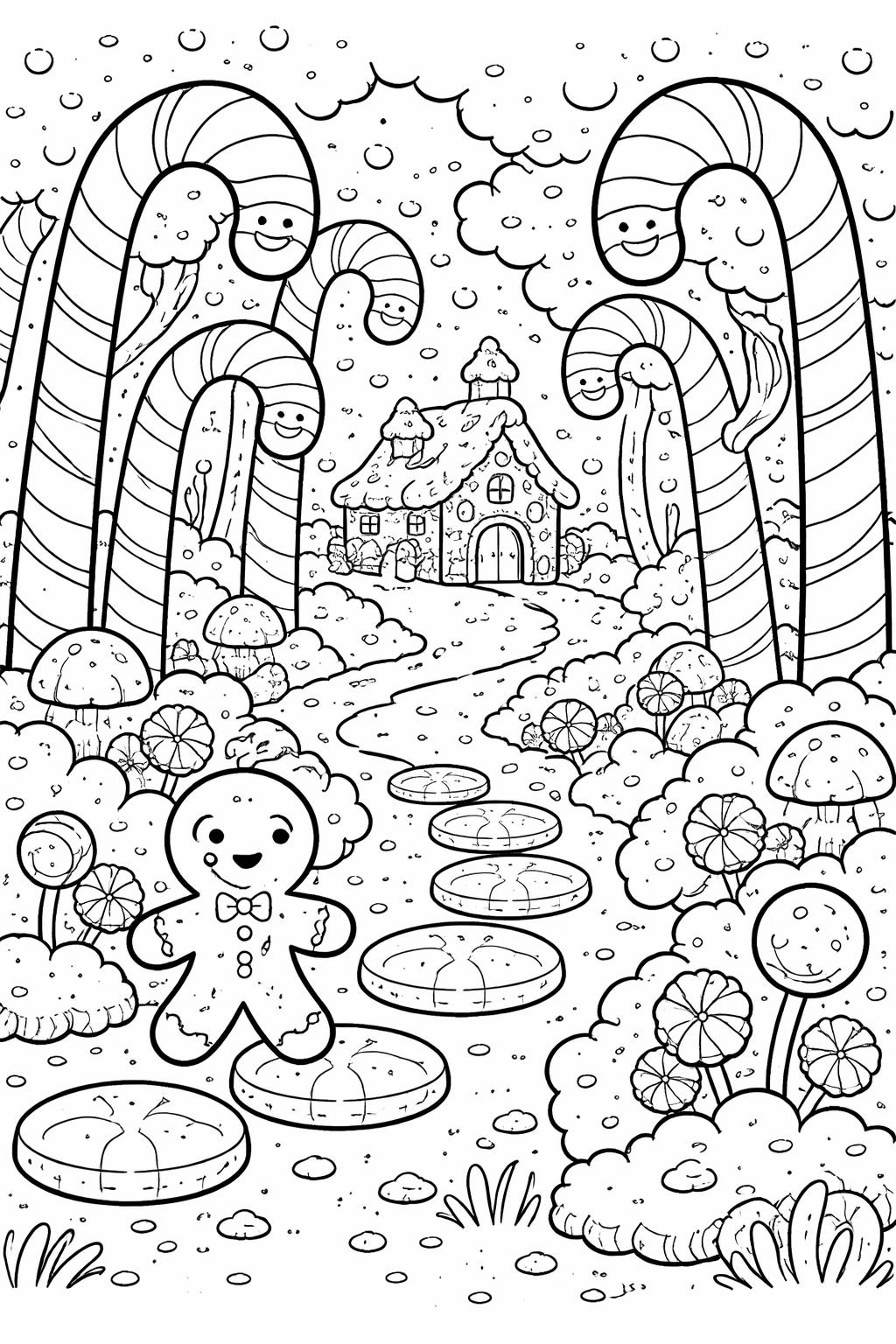 Coloring page of a candy land with giant striped candy canes, a gingerbread person, a winding path, and a cozy cottage.