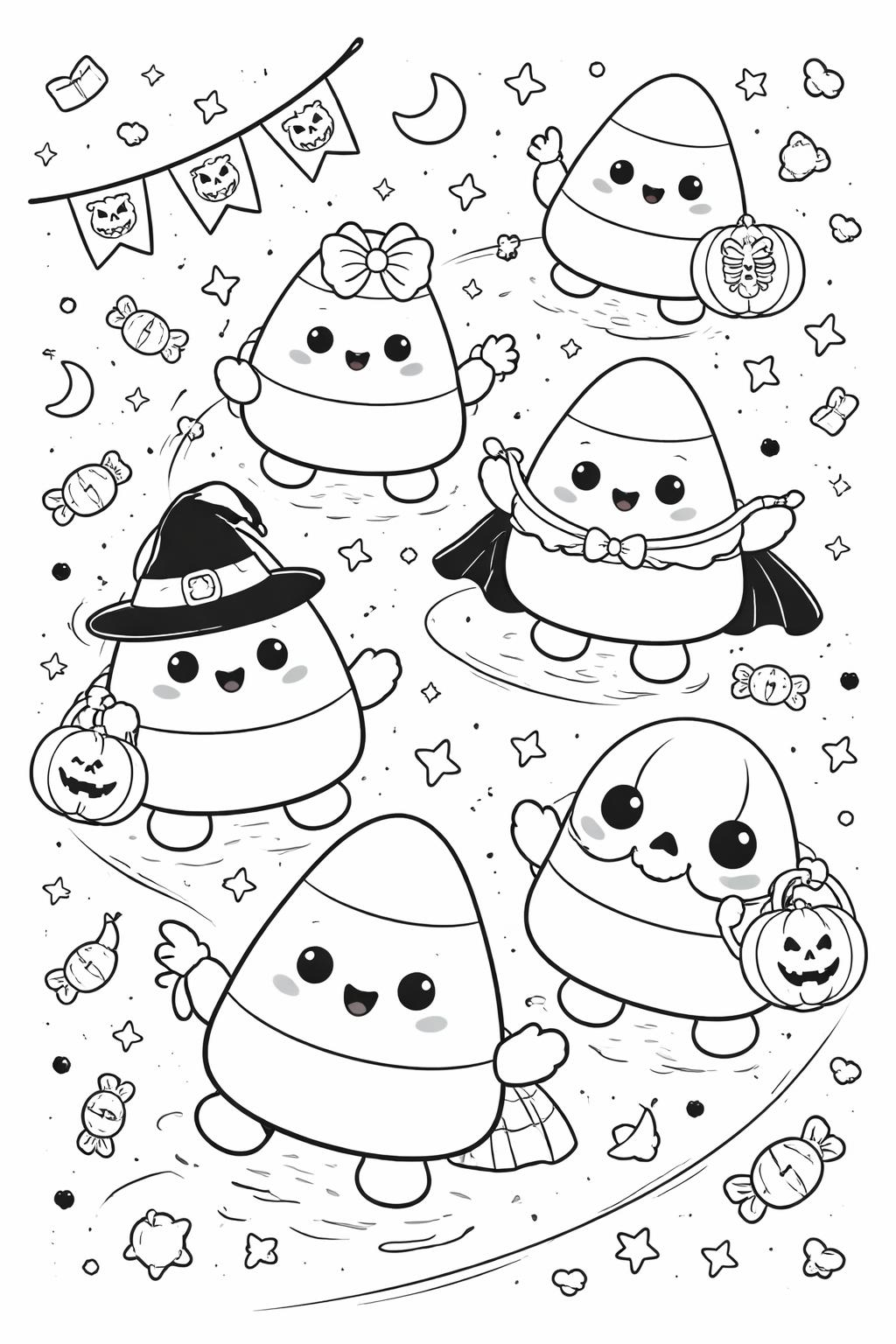 kawaii Halloween treats coloring page | adorable candy and sweets | festive coloring activity