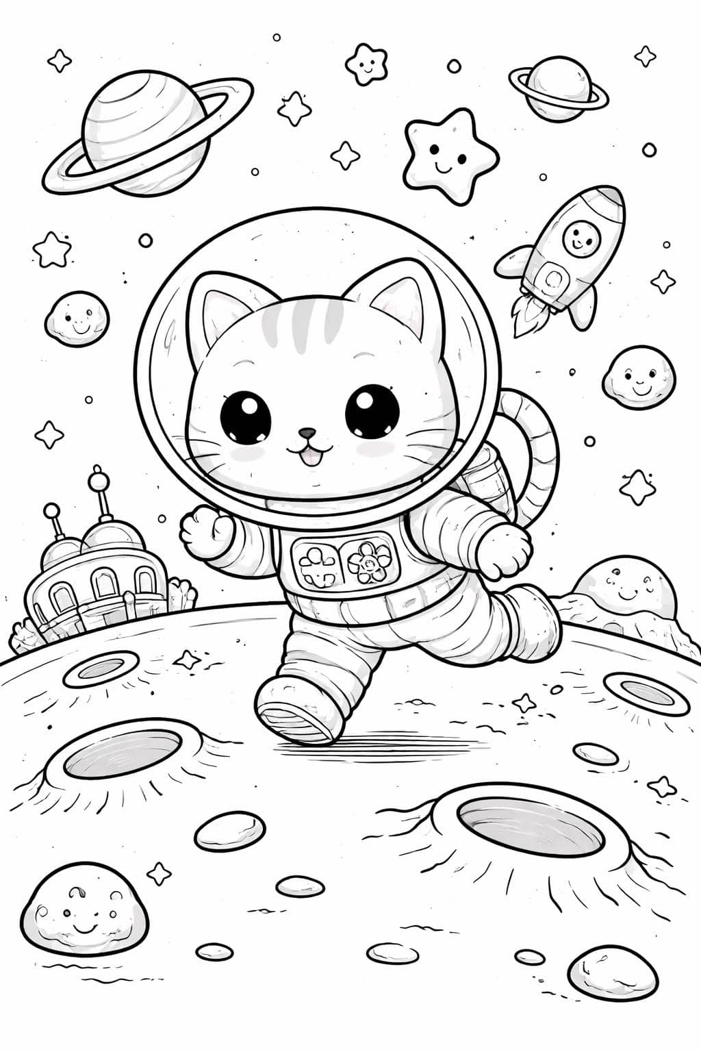 kawaii cat with flowers coloring page | adorable floral design | kids printable activity