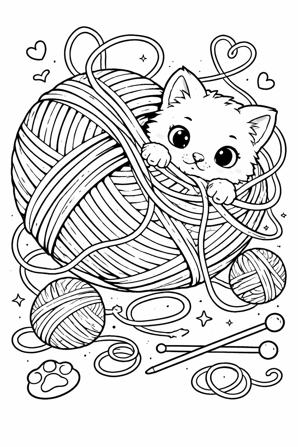kawaii cat with hearts coloring page | sweet love-themed design | cute kids activity