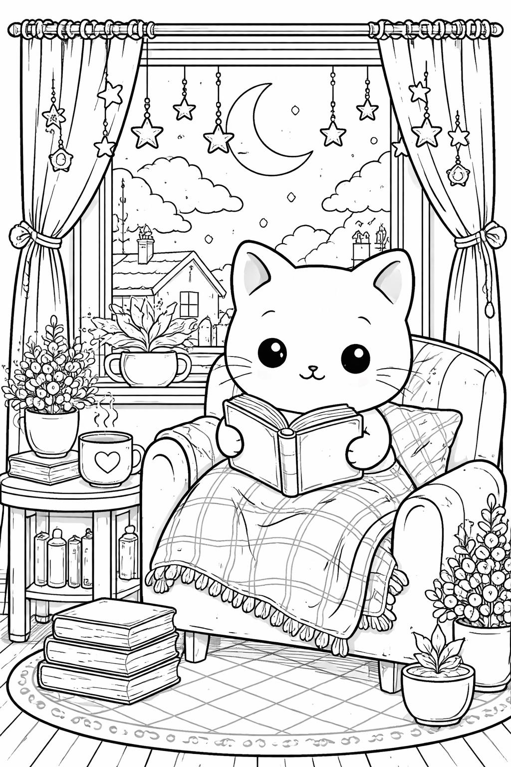 easy kawaii cat coloring page | simple cute kitten outline | beginner-friendly coloring sheet