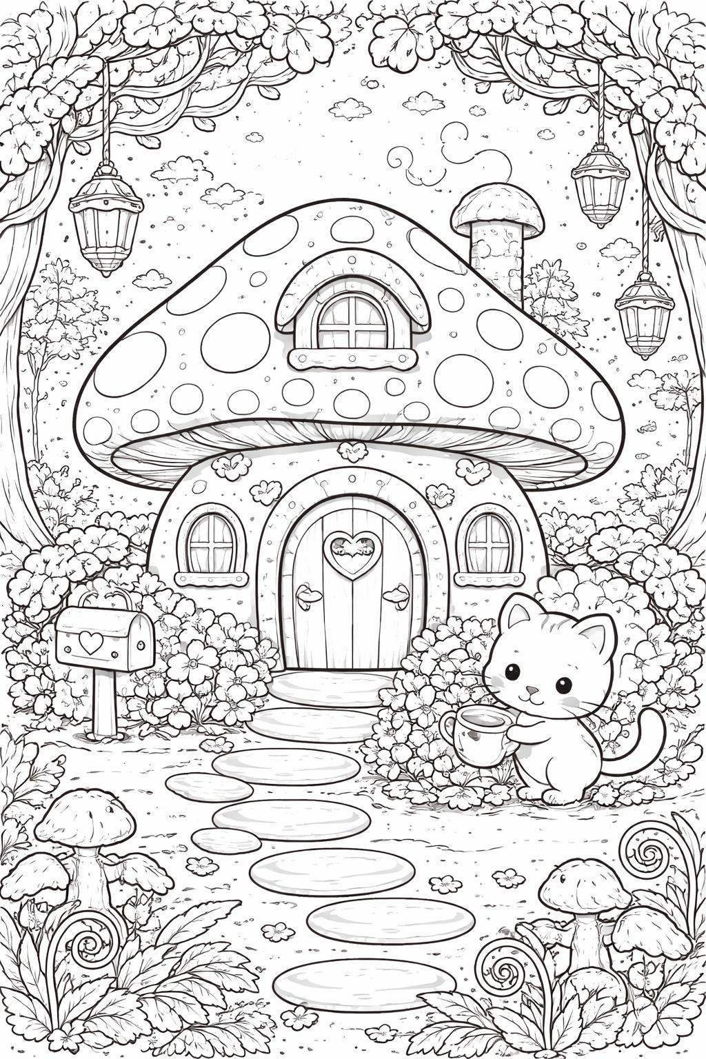 kawaii cat eating fish coloring page | playful kitten illustration | printable coloring page