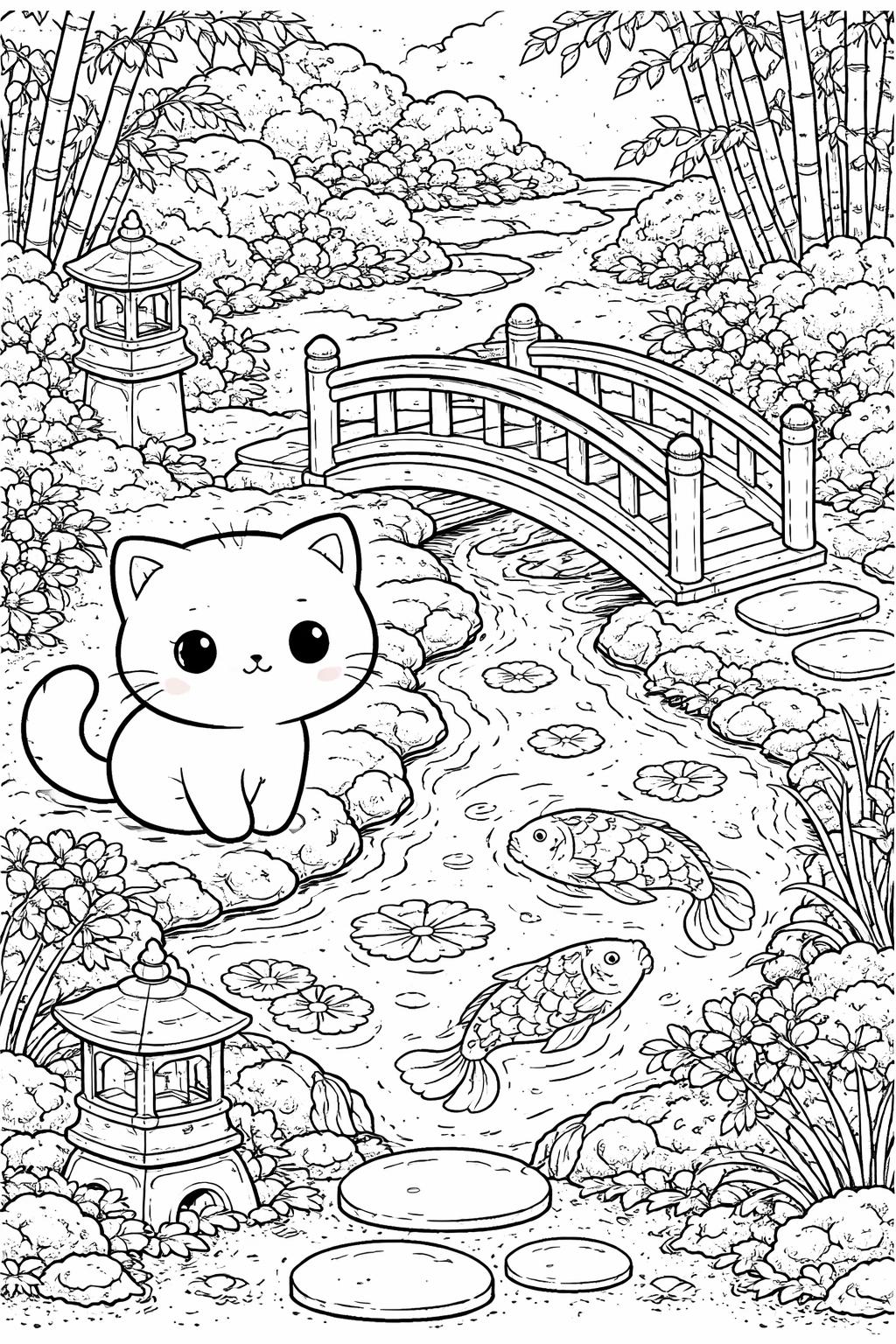 kawaii cat with a bow coloring page | adorable decorated kitten | printable coloring sheet