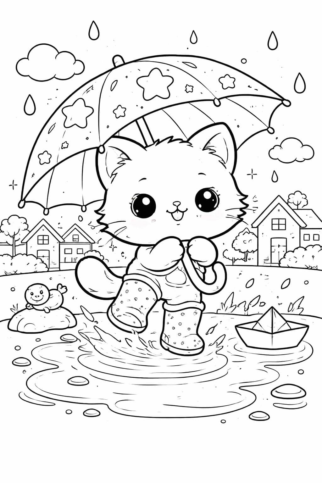 kawaii cat playing with yarn coloring page | cute playful feline | fun coloring activity