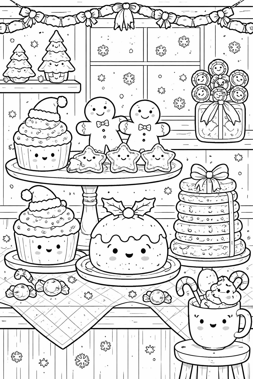 kawaii Christmas cat coloring page | cute festive kitten | kids coloring activity
