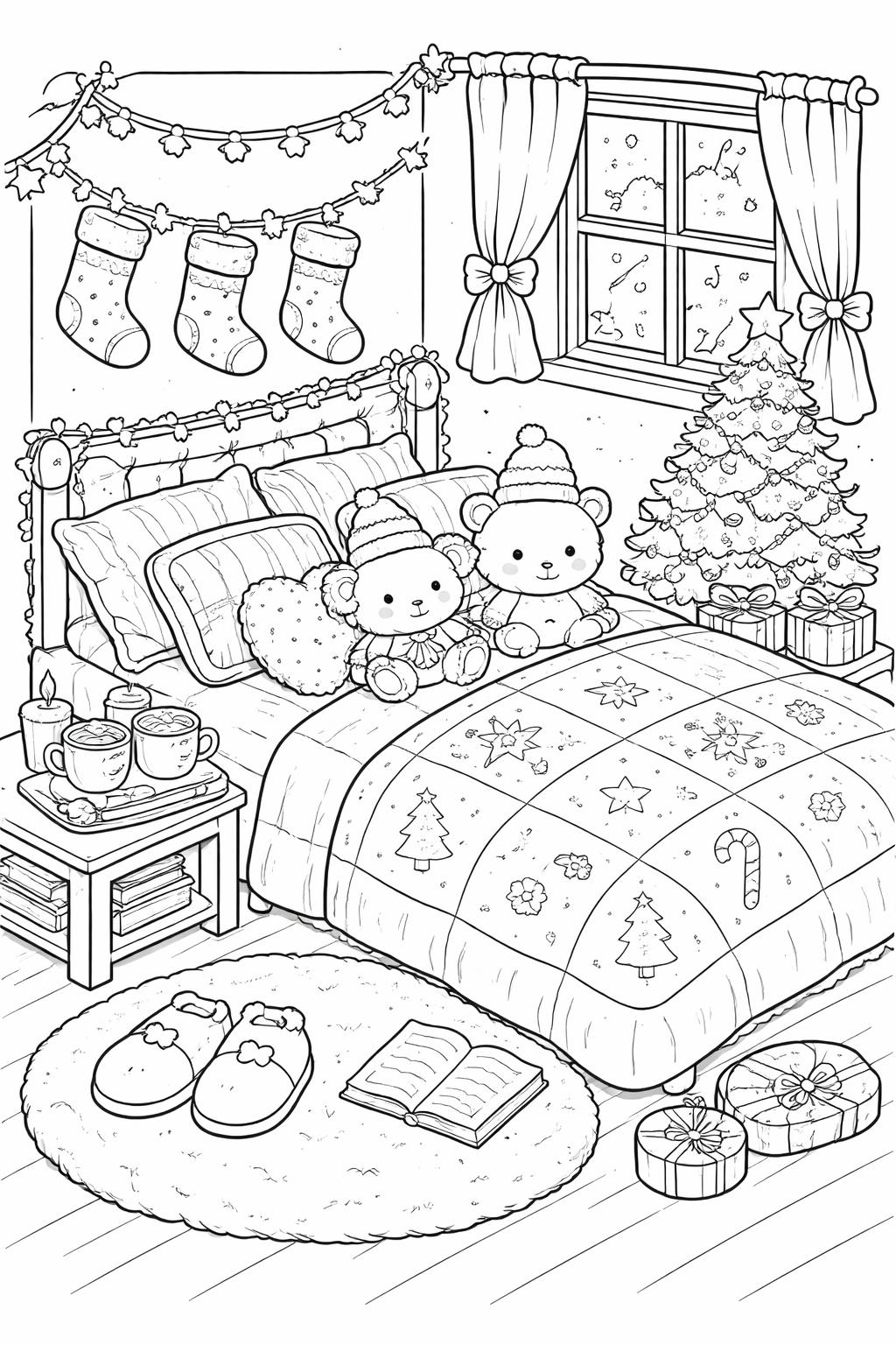 Cozy Christmas bedroom with two teddy bears on a bed, stockings, garland, Christmas tree, presents, window, slippers, and an open book on a rug.