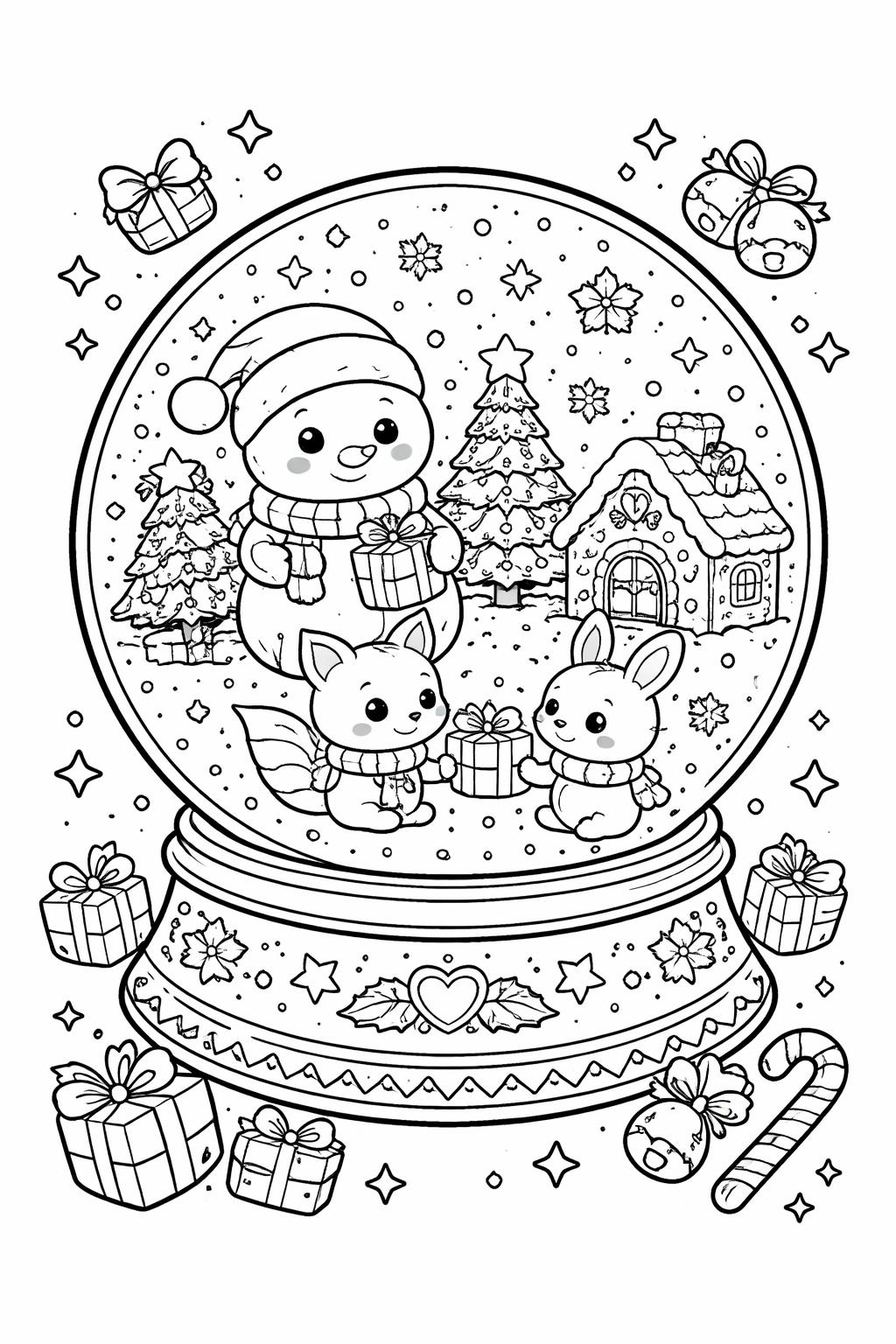 Snow globe scene with a cute bear wearing a Santa hat and two small animals holding gifts, a snowy village and Christmas trees inside the globe, surrounded by presents and stars.