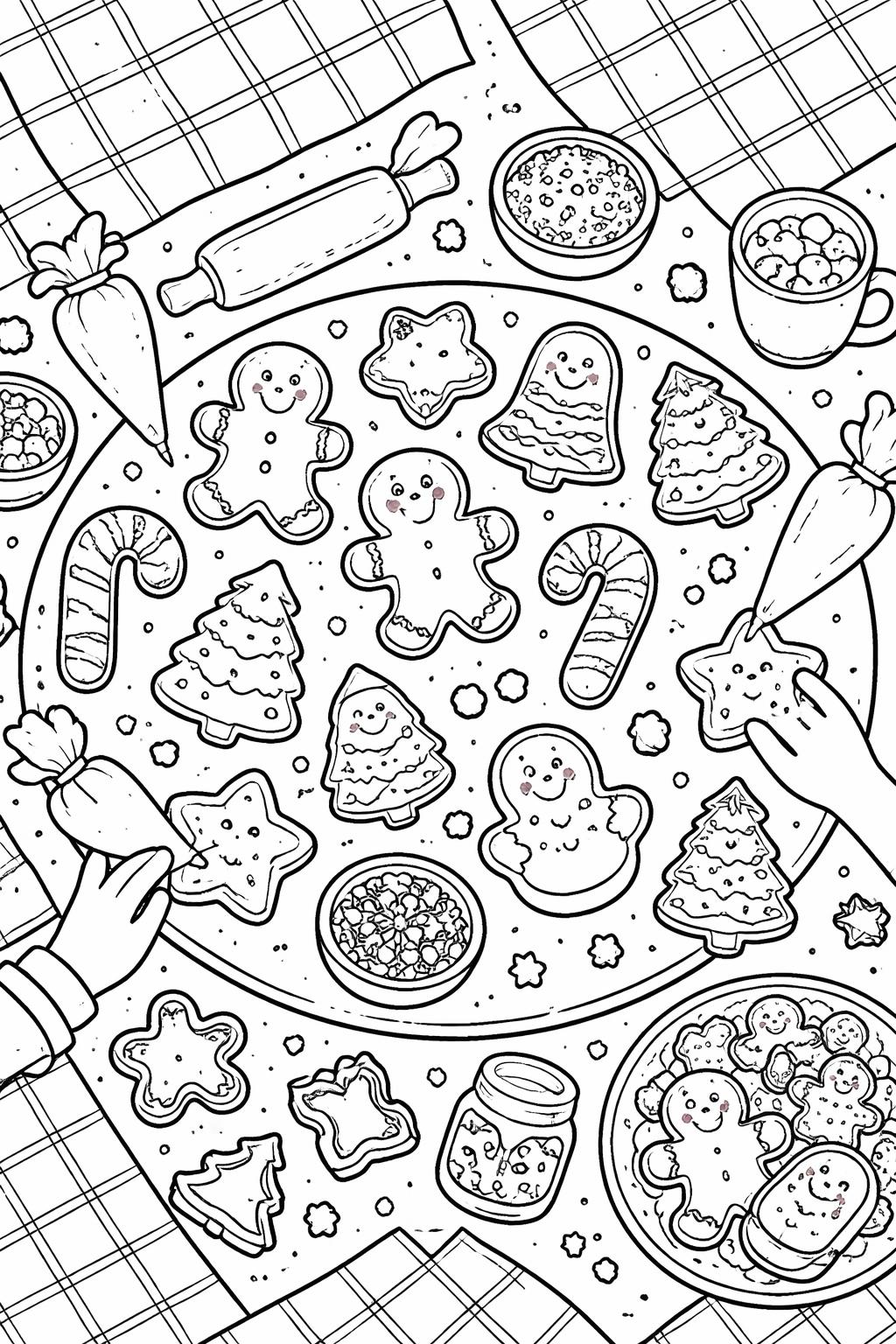 Children decorate a round tray of festive cookies shaped as gingerbread men, stars, trees, and candy canes with bowls of sprinkles and icing nearby.