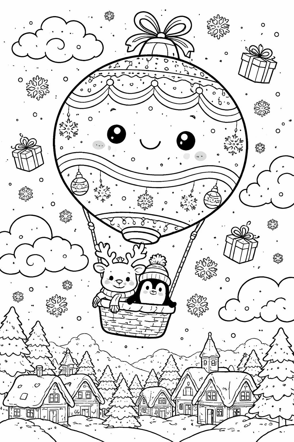 Smiling hot air balloon carrying a reindeer and penguin over a snowy village with houses and pine trees.
