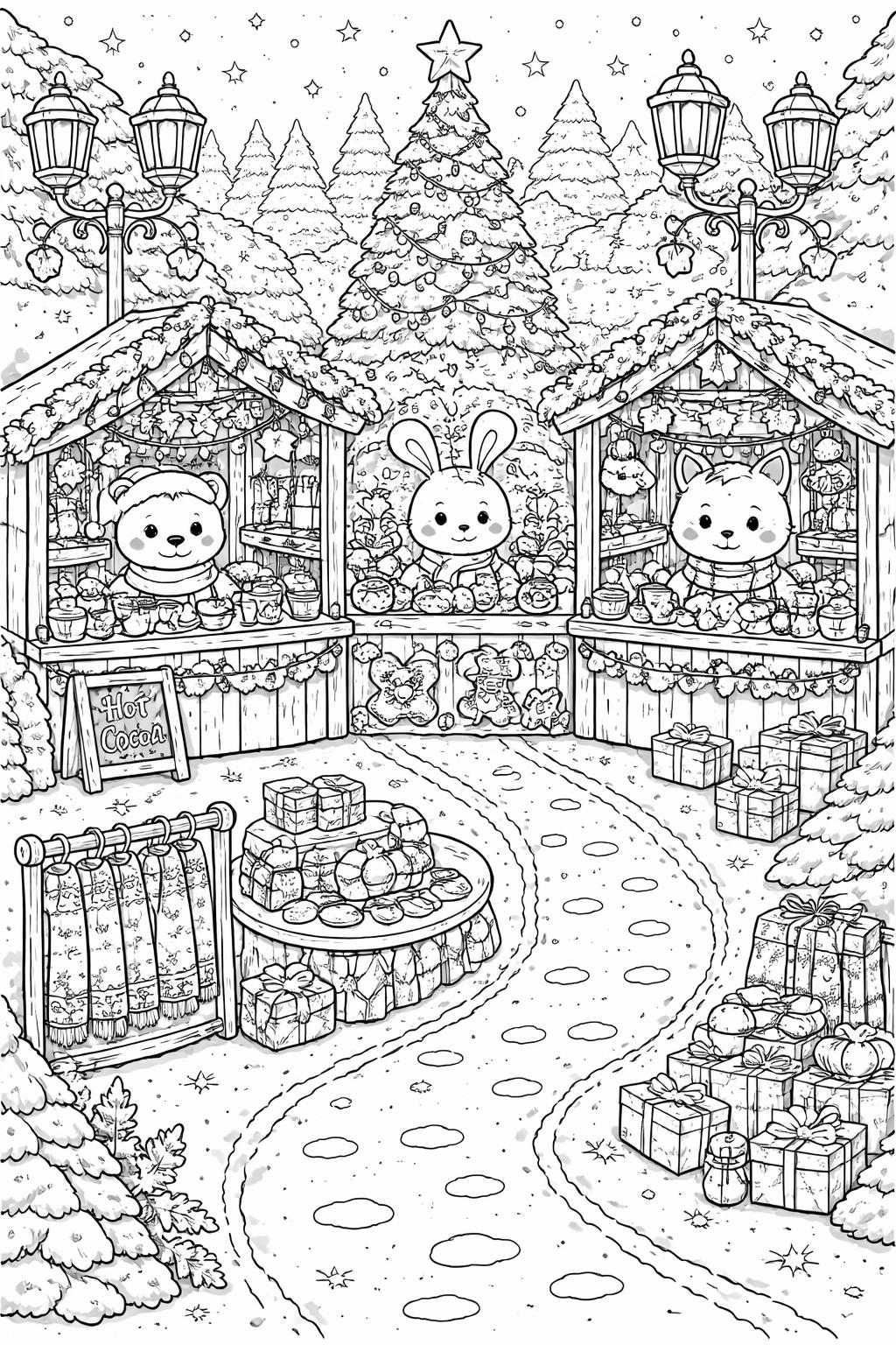 kawaii Christmas bear coloring page | cuddly holiday character | fun kids activity