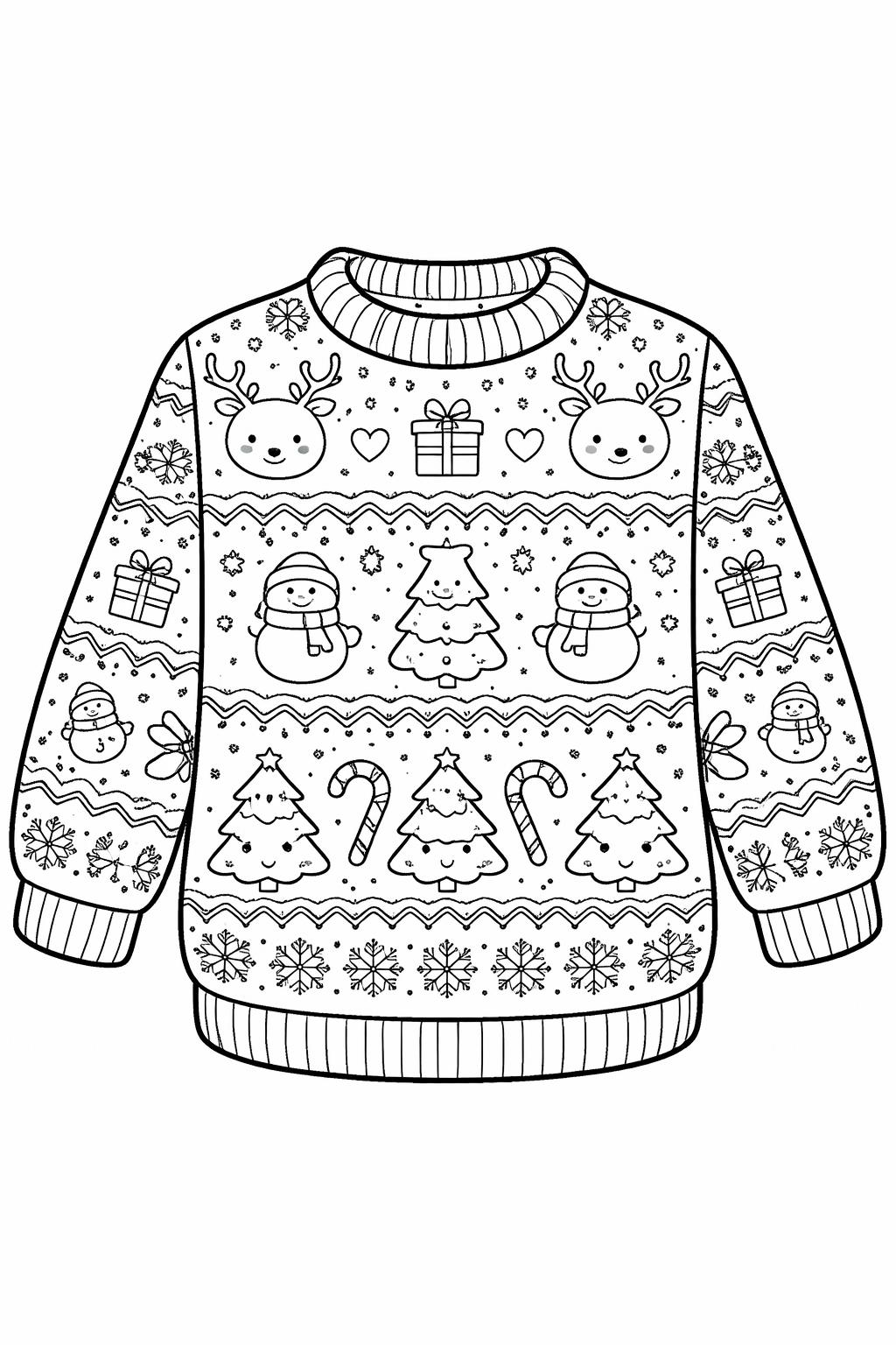 Festive Christmas sweater with reindeer, snowmen, trees, candy canes, gifts, and snowflakes to color