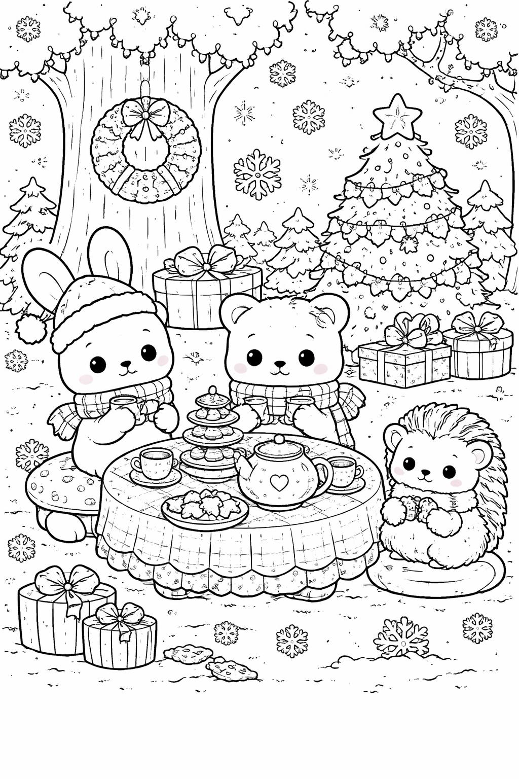 Three cute woodland animals share tea outdoors in a winter scene: a bunny, a panda, and a hedgehog around a teatable with pastries, gifts, a decorated Christmas tree, and snowflakes in the background.