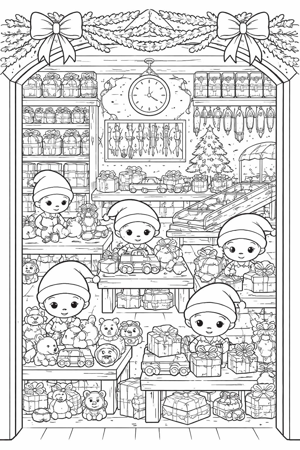 A Christmas shop filled with small elves arranging wrapped gifts on tables and shelves, with a Christmas tree and holiday decorations.