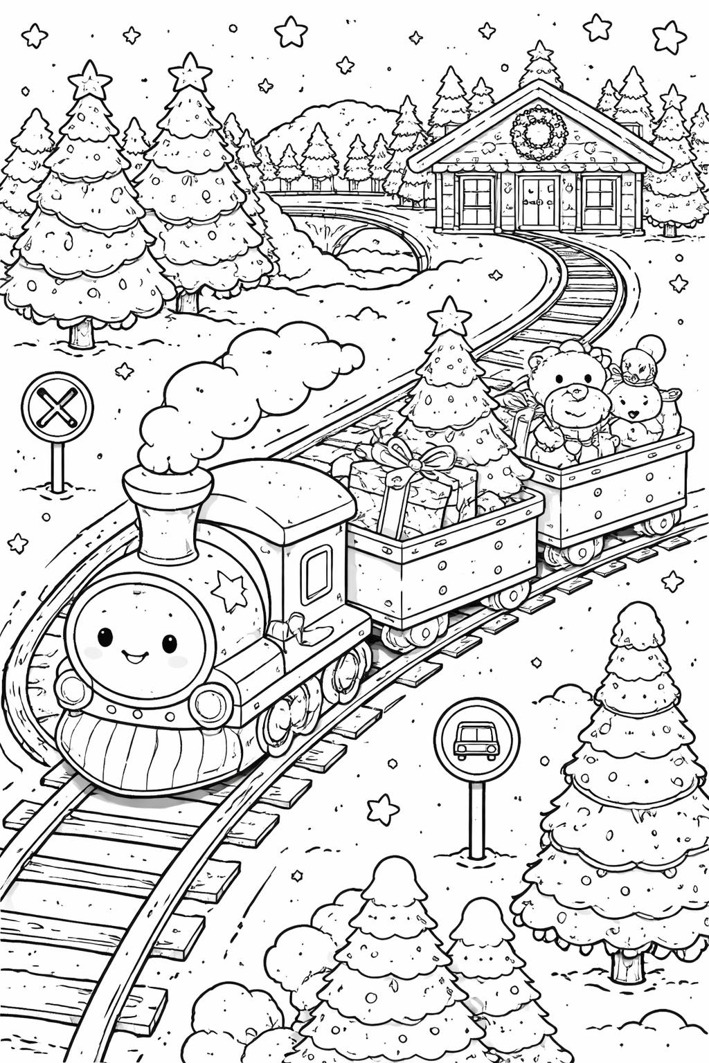 kawaii Christmas present coloring page | cute wrapped gifts | printable festive sheet