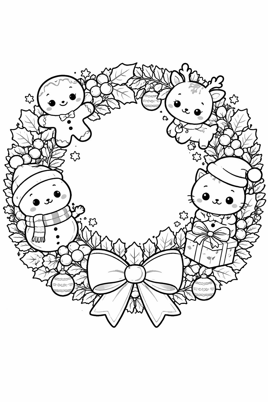 Black-and-white Christmas wreath frame featuring a snowman, gingerbread person, and two rabbits, with berries and a large bow at the bottom. Center is blank for text or decorations.