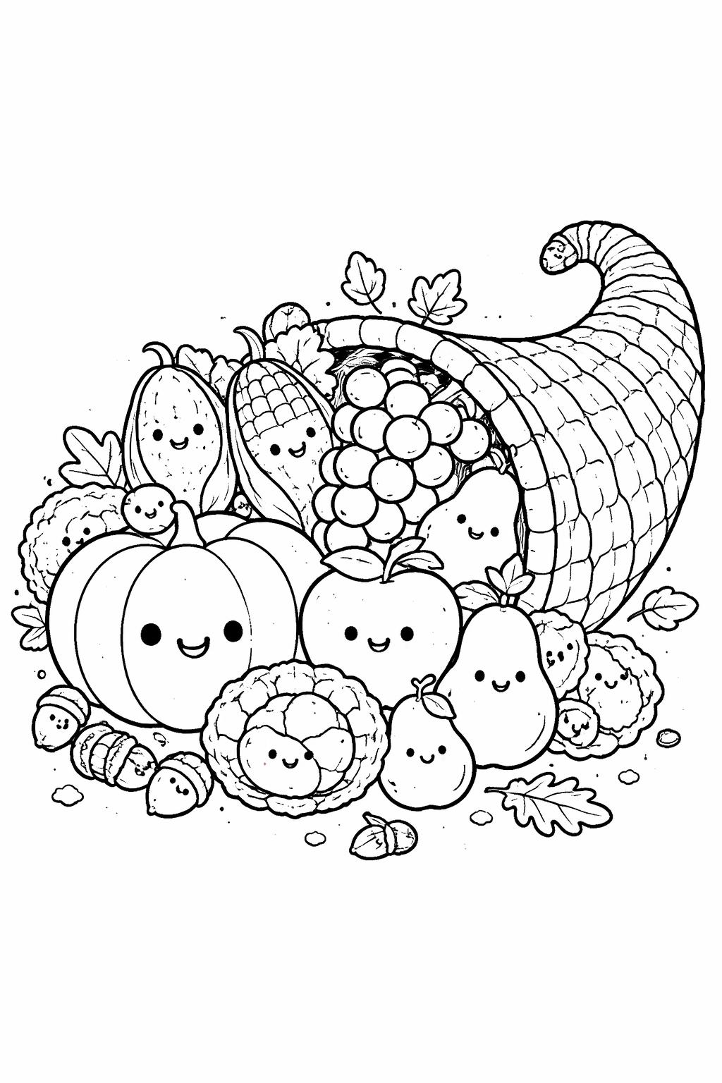 kawaii Thanksgiving dinner coloring page | adorable holiday feast | printable kids activity
