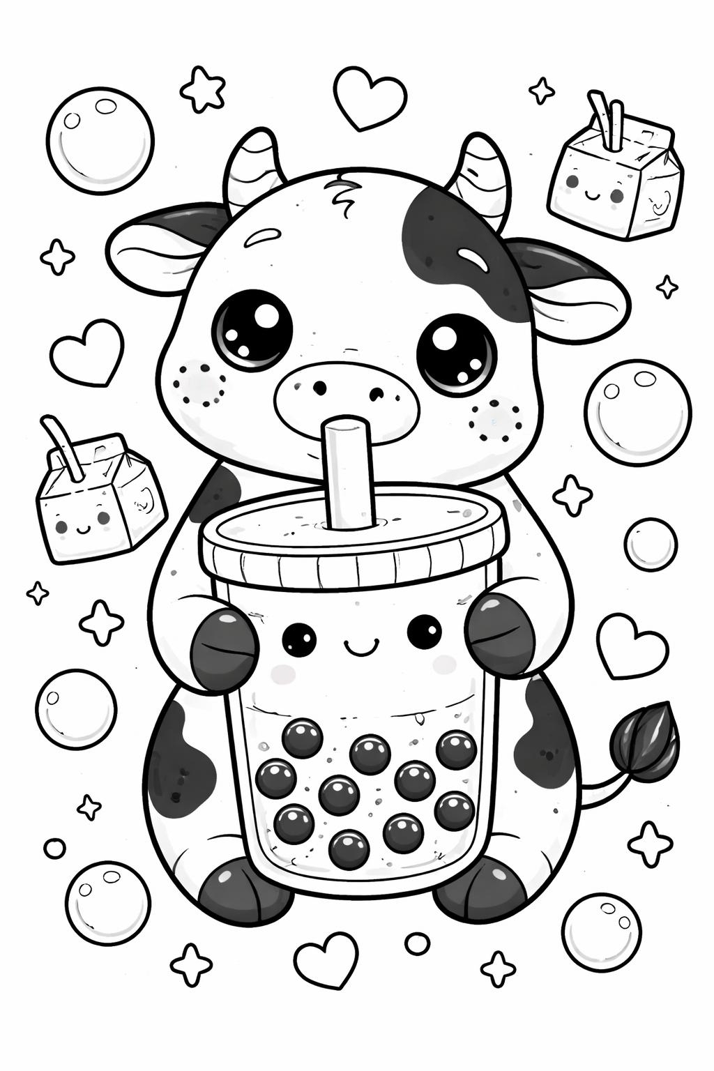 kawaii cow holding a flower coloring page | cute floral character | creative coloring activity