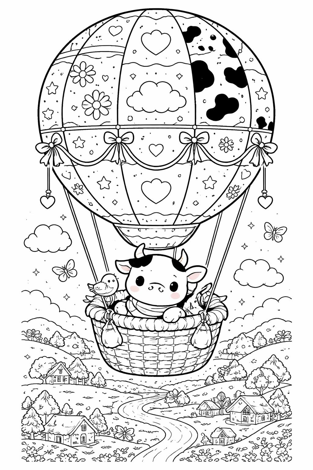 kawaii cow sitting in a meadow coloring page | whimsical countryside scene | fun coloring activity