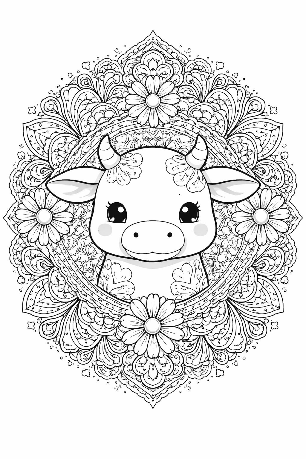 kawaii cow with a butterfly coloring page | adorable nature design | printable kids sheet