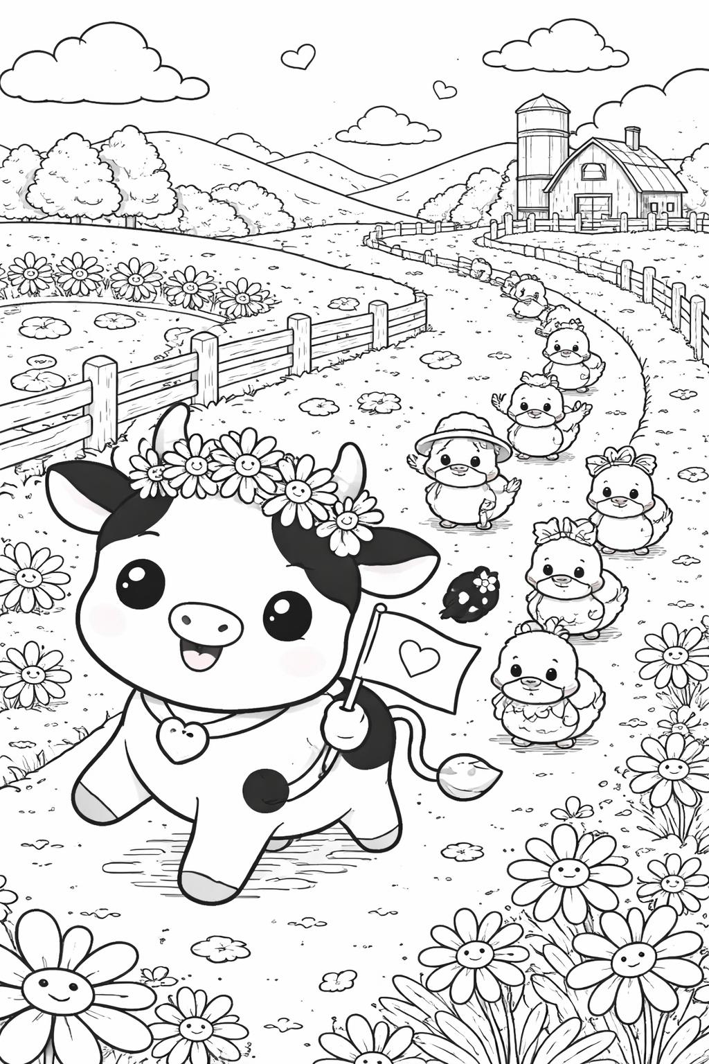 kawaii cow wearing a bow coloring page | charming cartoon character | printable coloring sheet