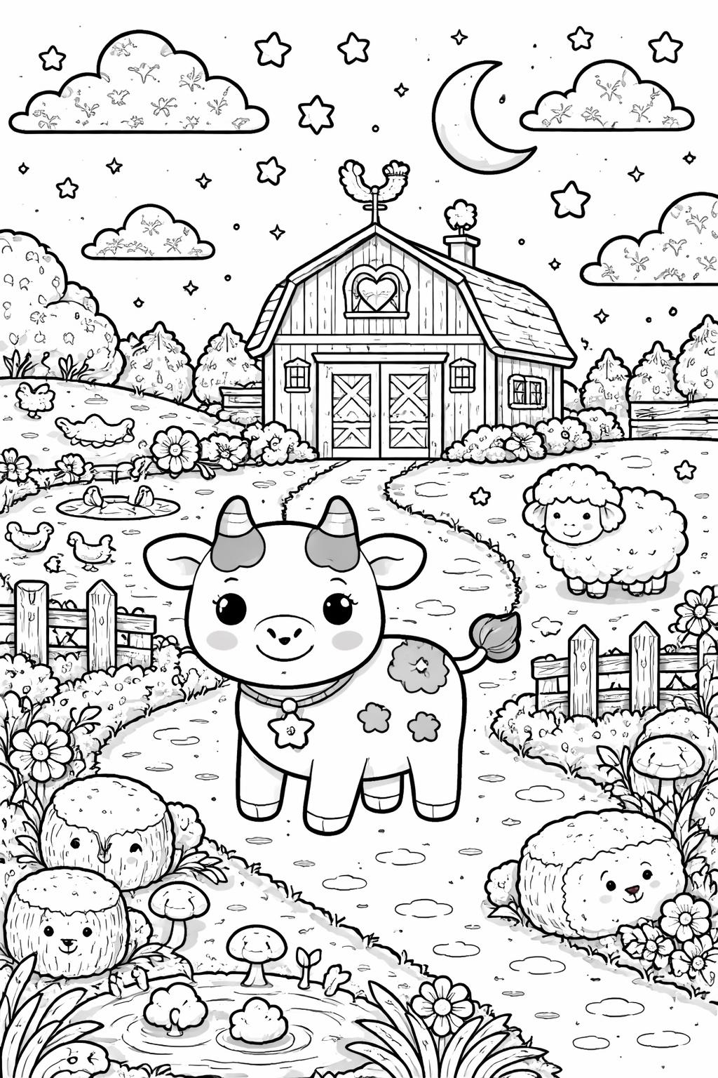 kawaii cow in a barn coloring page | adorable farmyard scene | printable coloring sheet