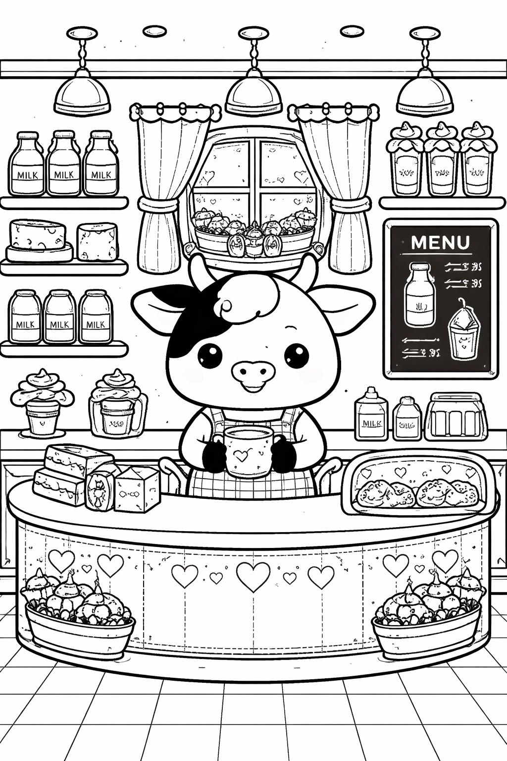 kawaii cow with spots coloring page | playful cartoon farm animal | fun printable sheet