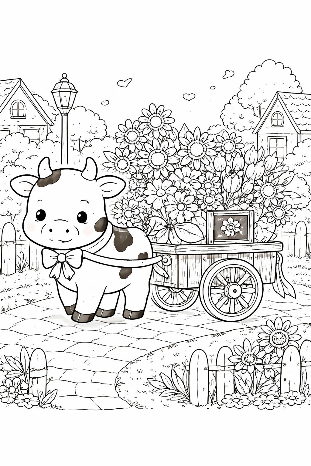 kawaii cow eating grass coloring page | happy farm animal | printable kids sheet