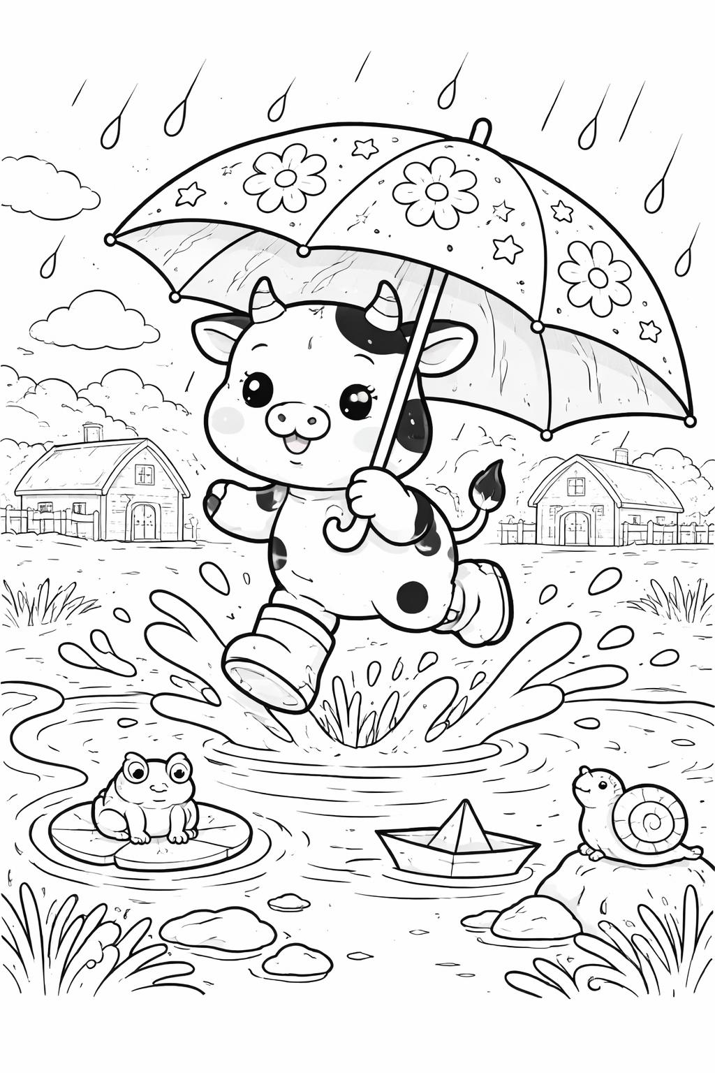 kawaii cow and calf coloring page | sweet mother cow scene | printable farm sheet