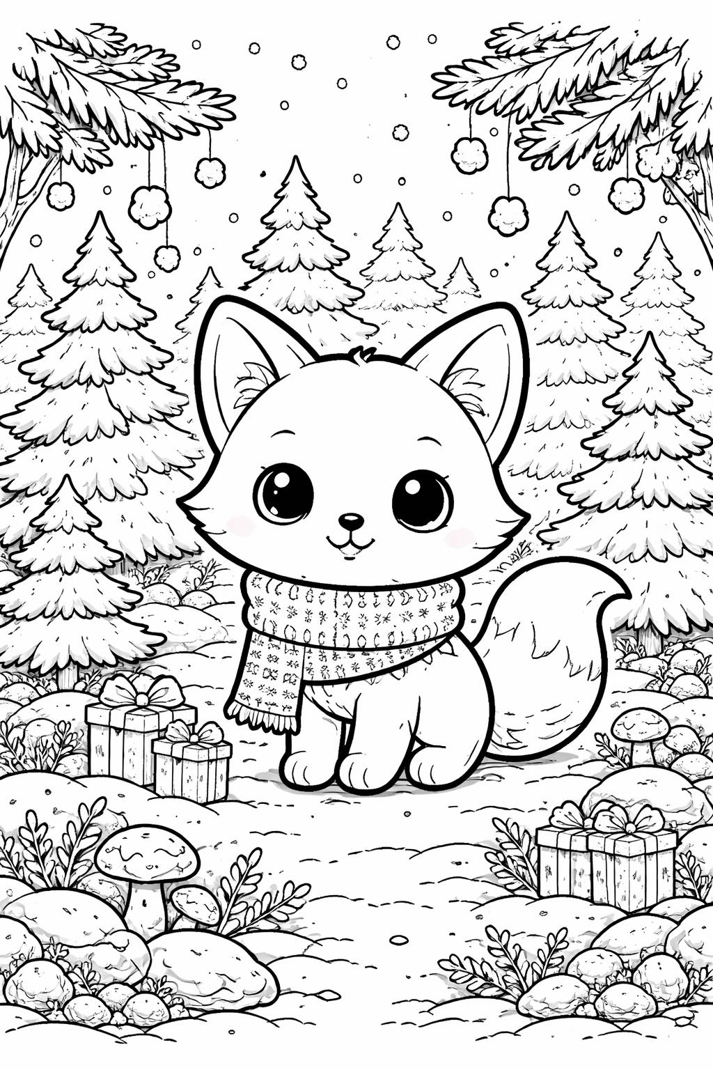 Cute cartoon fox wearing a scarf in a snowy forest with pine trees and gifts nearby