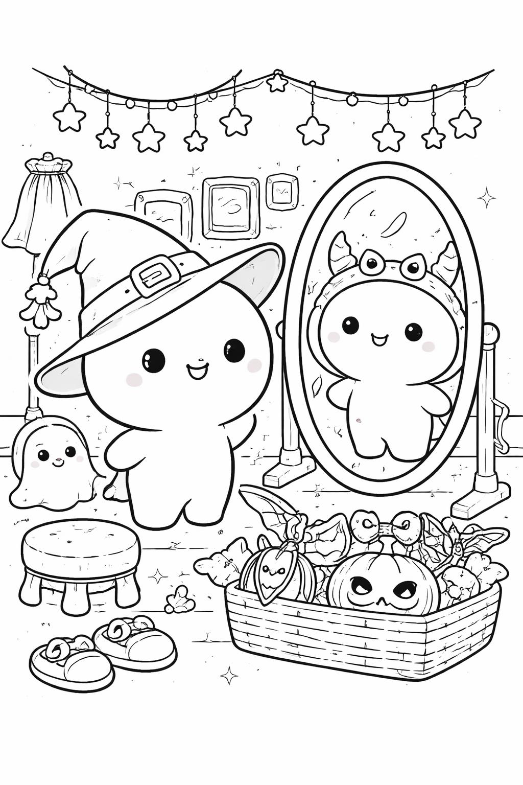 kawaii skeleton coloring page | smiling cartoon skeleton | cute Halloween coloring sheet