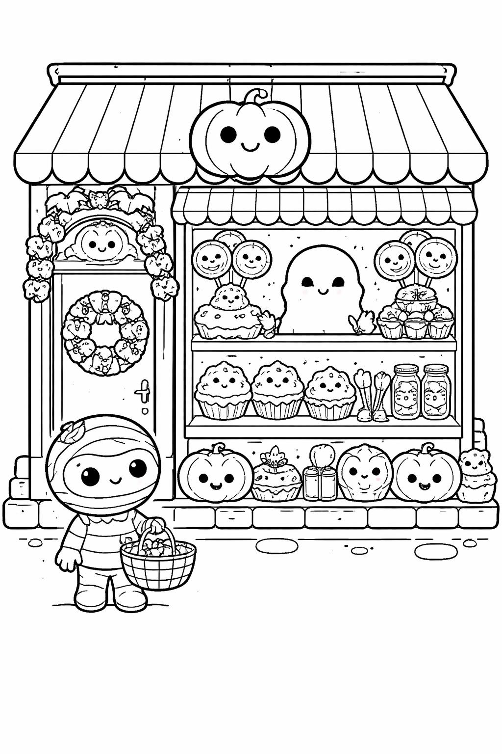 kawaii Halloween ghost with candy coloring page | sweet trick-or-treat scene | printable activity