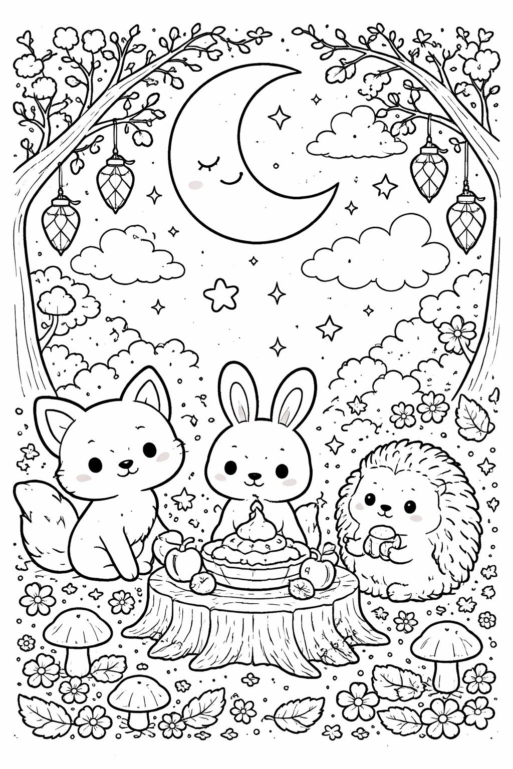 Three cute animals (fox, bunny, hedgehog) sit around a cake on a tree stump in a moonlit garden with stars, clouds, and hanging lanterns.