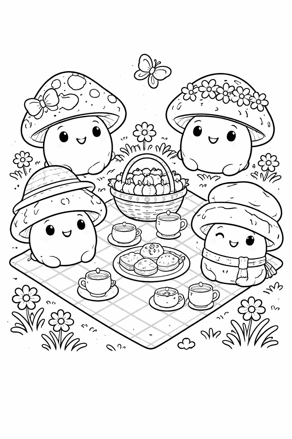 mushroom fairy coloring page | magical fairy beside a toadstool | whimsical printable coloring sheet